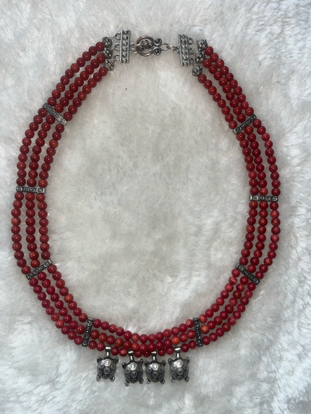 Handmade Red Beaded Multi-Strand Necklace with Mexican Silver Turtle Charms